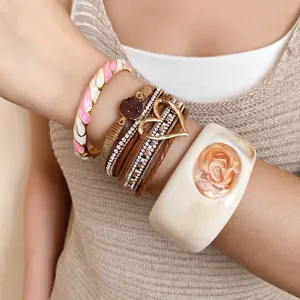 Bohemian multi-layer leather bracelet and resin heart bangle set