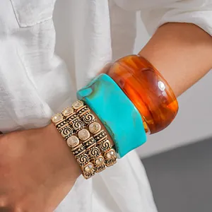 Vintage Old Gold Plated Rhinestone Three-Layer Elastic Bracelet And Wide Geometric Acrylic Bangle Set For Women Jewelry