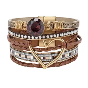 Elegant vintage multi-layer leather wrap bracelet with rhinestones and large heart charm