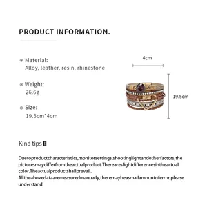 Detail view and specifications for heart rhinestone multi-layer leather bracelet