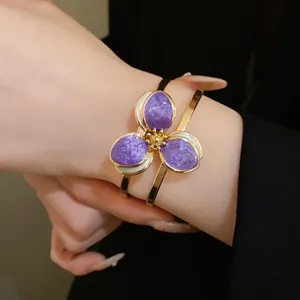 Elegant vintage gold metal enamel flower open bangle with purple petals for women