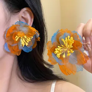 Bohemian Chiffon Flower Stud Earrings With Silver Earring Post Sweet Gradient Floral Vacation Style Women Jewelry