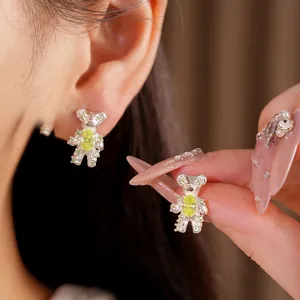 Cute silver needle bear stud earrings with sparkling zircon for a playful appearance
