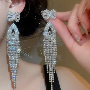 Elegant bow rhinestone tassel drop earrings with sparkling diamond fringe