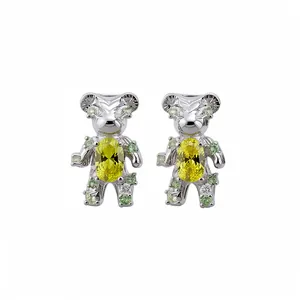 Cute silver tone bear stud earrings set with yellow and green sparkling cubic zirconia