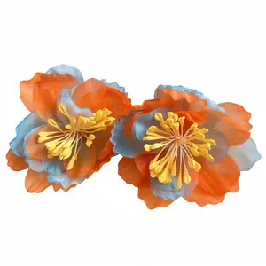 Bohemian chiffon flower stud earrings in orange and blue with silver needles