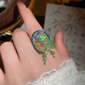 Vintage New Chinese Style 18K Gold Plated Peacock Oval Open Ring With Zirconia Leaf Dangle Enamel Adjustable Band Jewelry