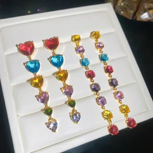 Boucles d'Oreilles Clous Longues en Cuivre Plaqué Or 18K Zirconia Coloré Coeur et Rond pour Femmes Bijoux Vintage de Luxe