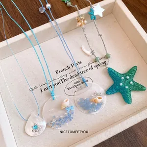 Colorful Starfish Shell Pendant Necklace Seaside Beach Resort Style Artificial Pearl Beaded Clavicle Chain Dopamine Fashion Jewelry Women Gift