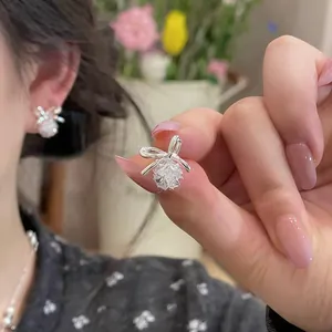 French Luxury Bow Knot Zirconia Pendant Stud Earrings Elegant Minimalist Silver Color Alloy Earrings for Women Jewelry