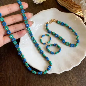 Collana Bracciale Anello Con Fiori in Vetro Fatti a Mano Vintage Gioielli Floreali Bohémien per Donna Accessorio Leggero