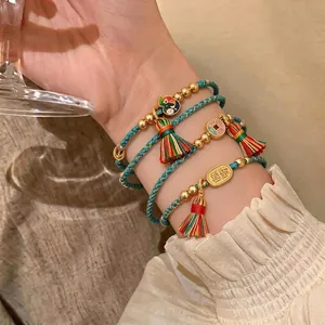 Handgemachtes Gewebtes Fünf-Farben Seil Armband Drachenbootfest Ethno-Stil Armband Mit Emaille-Anhängern Und Bunten Quasten Verstellbarer Schmuck Für Damen
