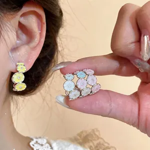 Sweet C-Shaped Floral Stud Earrings With Silver Earring Post Copper Enamel Zirconia Flower Earrings For Women Fashion Jewelry