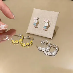Sweet enamel flower C-shaped hoop earrings with zircon accents and silver needle