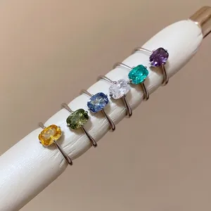 Retro minimalist adjustable open rings with colorful oval gemstones in silver-plated finish