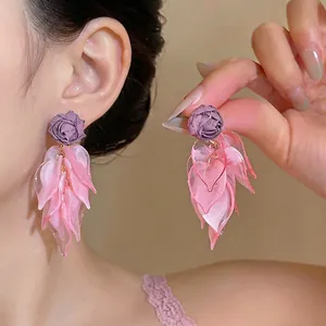 Sweet Design Fabric Flower Acrylic Petal Tassel Stud Earrings With 925 Sterling Silver Earring Post For Women Gradient Pink Purple Floral Earrings