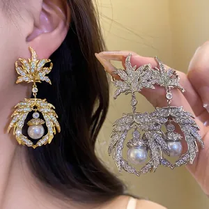 Vintage Maple Leaf Drop Earrings With Zirconia Artificial Pearl Silver Post Gold Silver Plated Jewelry For Women
