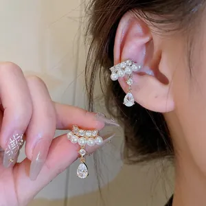Korean Fashion Water Drop Ear Clip Zirconia Artificial Pearl Gold Silver Alloy Ear Bone Clip Non-Pierced Earring Jewelry
