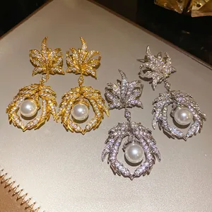 Vintage maple leaf drop earrings with zircon and pearl in gold and silver finish