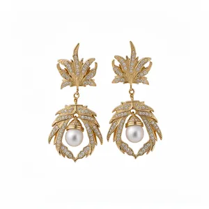 Vintage gold maple leaf drop earrings with sparkling zircons and pearl accents