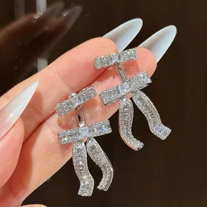Luxury 18K Gold Plated Zirconia Bowknot Drop Earrings For Women Fashion Elegant Bow Tie Stud Earrings With Silver Earring Post