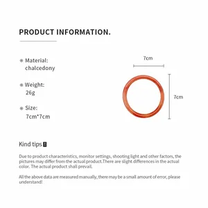 Product information for orange chalcedony bangle showing 7cm diameter and 26g weight specifications.
