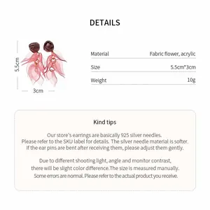 Detail specifications of fabric flower and acrylic tassel earrings with silver needles.