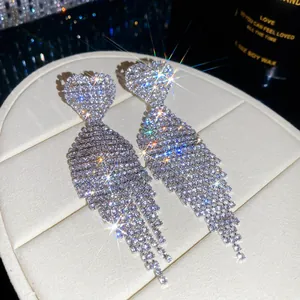 Luxury heart-shaped rhinestone tassel drop earrings with sparkling silver finish