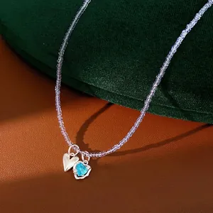 Glass Bead Blue Zirconia Heart Pendant Necklace For Women Copper Clavicle Chain Sweet Cool Style Minimalist Jewelry