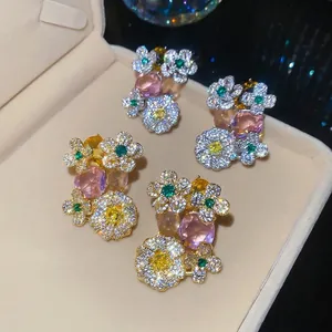 Luxury Copper Zirconia Flower Drop Earrings With 925 Sterling Silver Earring Post High-End Sweet Floral Pendant Jewelry For Women