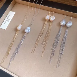 Vintage Light Luxury Iron Artificial Pearl Tassel Necklace And Earrings For Women European American Style High End Jewelry