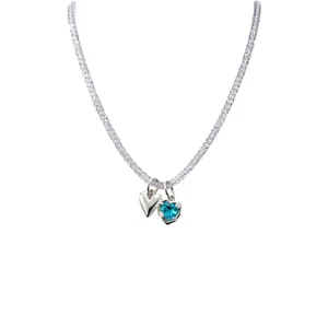 Elegant glass bead necklace with blue heart zircon and silver-tone heart pendants