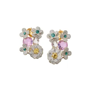 Elegant flower stud earrings with colorful gemstones and pavé-set zircons for women
