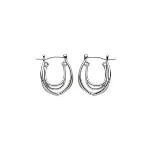 Minimalist silver layered triple hoop earrings for women with French design style.