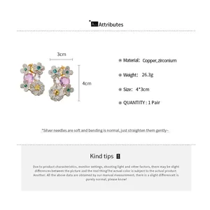 Detail view of floral zircon earrings with size and material specifications.