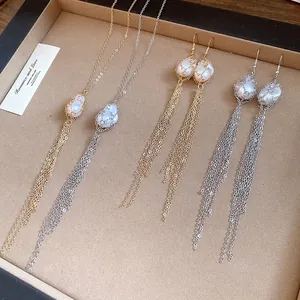 Detailed view of elegant pearl tassel necklace and earrings set in gold and silver finish