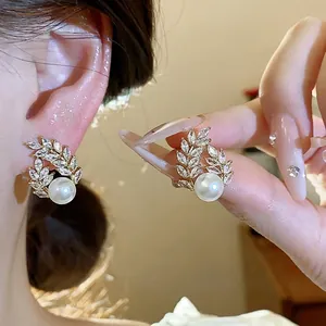 18K Gold Plated Wheat Ear Artificial Pearl Stud Earrings With 925 Sterling Silver Post Elegant Zirconia Jewelry For Women