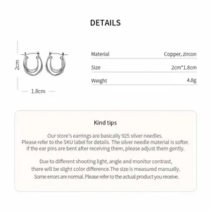 Product details for luxury zircon hoop earrings with dimensions and 925 silver needles.