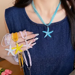 Resin Starfish Pendant Necklace For Women Vacation Style Handmade Ribbon Chain Necklace Summer Beach Clavicle Chain Jewelry Gift