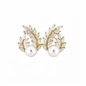 Elegant 18k gold plated wheat stalk earrings with pearls and cubic zirconia stones