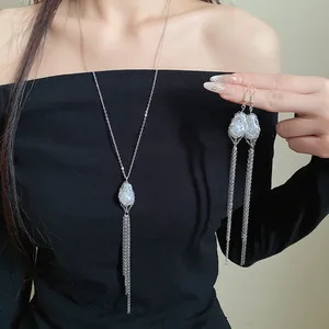 Elegant pearl and long silver chain tassel necklace and earring jewelry set for women