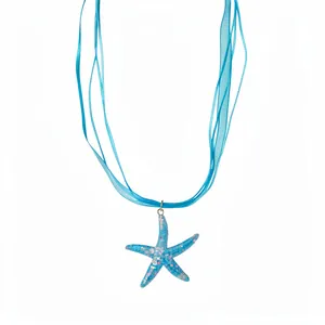 Elegant vacation style light blue resin starfish necklace with multi-strand ribbon cord