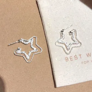 Dettaglio macro di orecchini a stella in argento scintillante su un sacchetto regalo.