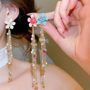 Resort Style Copper Enamel Flower Tassel Earrings For Women Sweet Artificial Pearl Long Drop Earrings Summer Fresh Jewelry