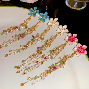 Summer vacation style drip oil flower tassel earrings with colorful beads and pearls