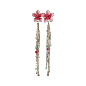 Exquisite pink flower tassel earrings with delicate pearls and colorful bead accents for women