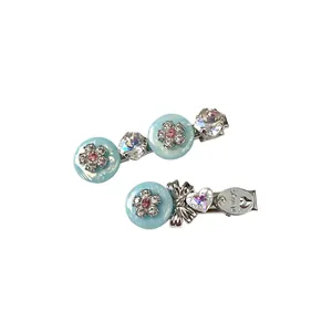 Elegant rhinestone flower duckbill hair clips with blue beads for women hair styling