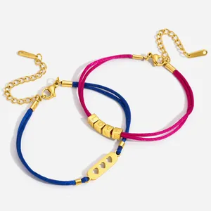 Bracciale in Corda Intrecciata Colorata Stile Vacanziero Occidentale per Donna Ciondolo a Cuore in Acciaio Inossidabile Perline con Lettere LOVE Bracciale Regolabile