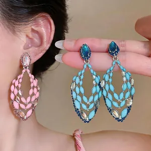 Vintage Hollow Leaf Rhinestone Drop Earrings With 925 Sterling Silver Earring Post Elegant Drip Oil Alloy Ear Jewelry For Women