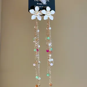 Vacation style long enamel flower tassel earrings with colorful pearls and beads